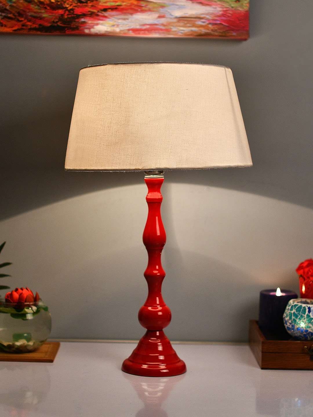 

Homesake Red & White Solid Bedside Standard Table Lamp with Shade