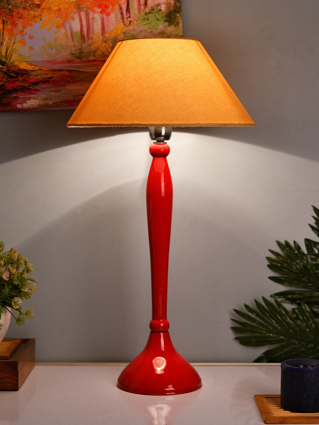 

Homesake Red & Beige Solid Handcrafted Bedside Standard Table Lamp