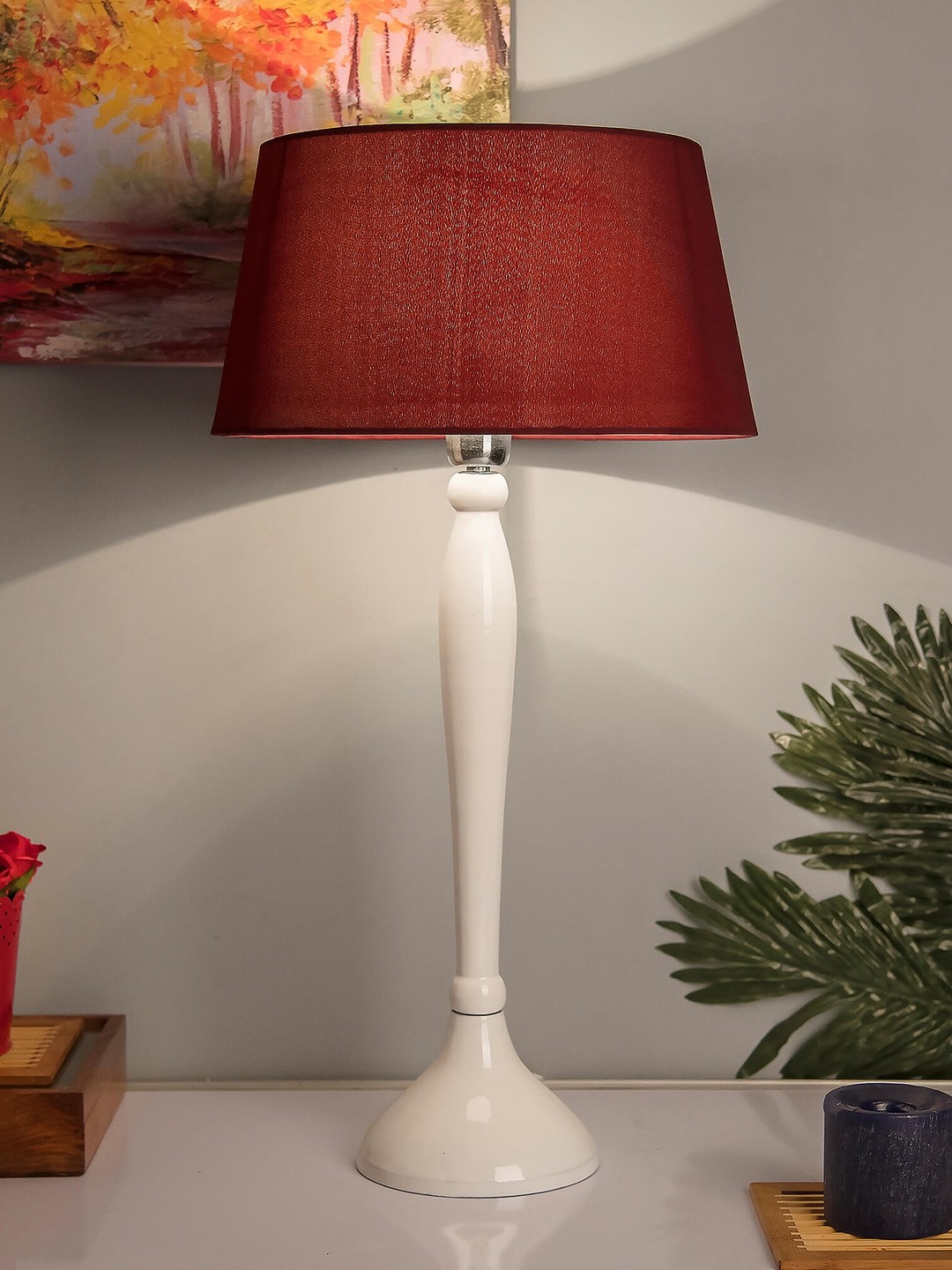 

Homesake White & Red Solid Bedside Standard Table Lamp with Shade