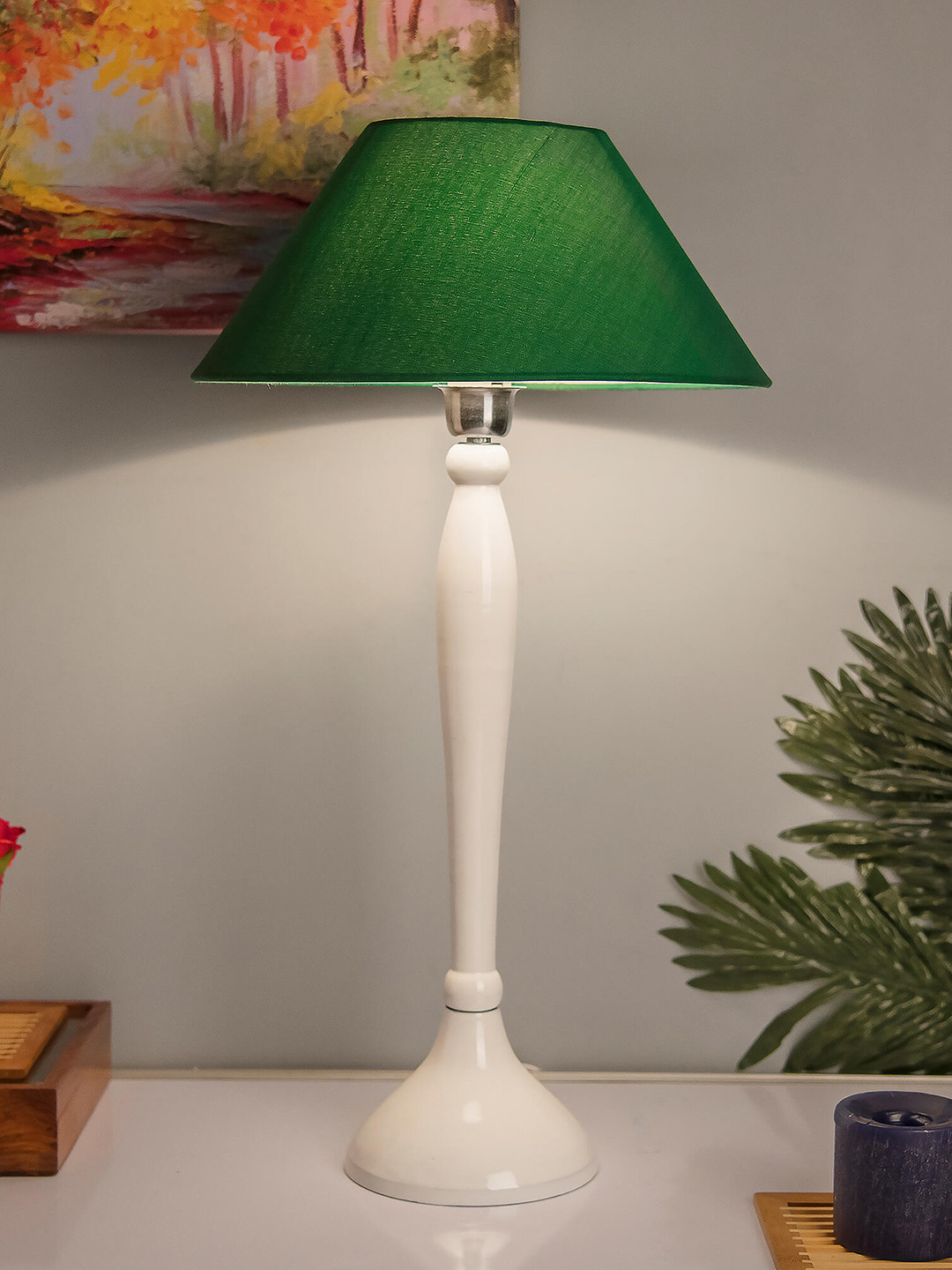 

Homesake White & Green Solid Royal Ovoid Handcrafted Table Lamp with Shade