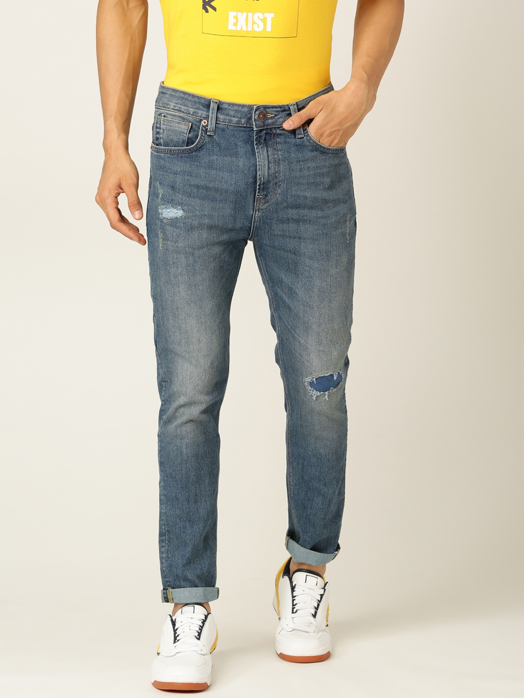 

United Colors of Benetton Men Blue Regular Fit Low-Rise Mildly Distressed Stretchable Jeans