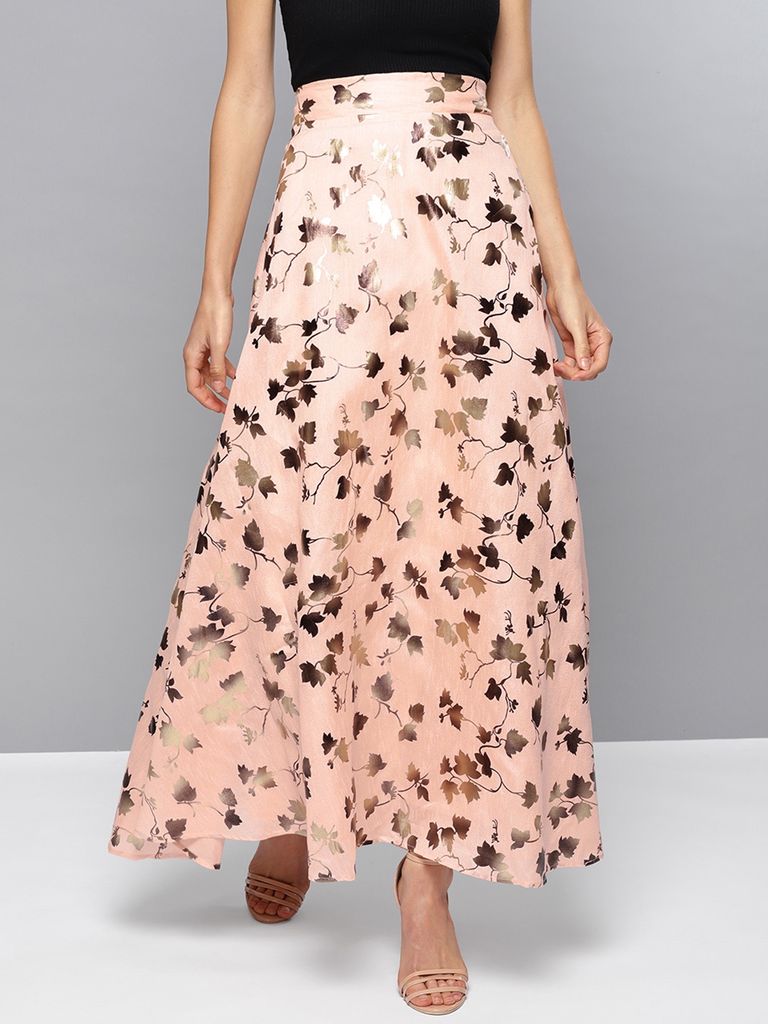 

Orchid Blues Women Peach & Golden Printed Maxi Skirt