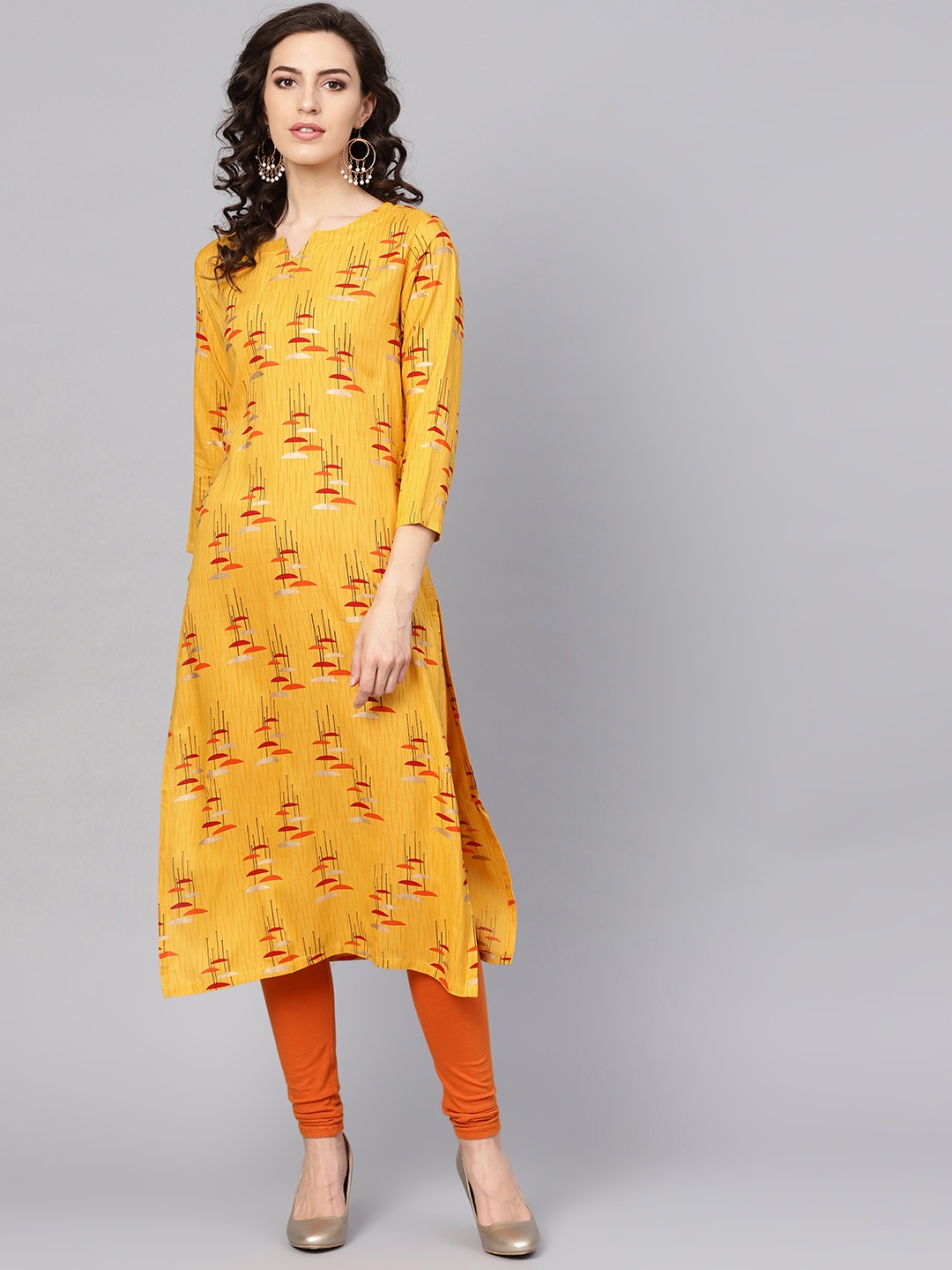 

AHIKA Women Mustard Yellow & Red Printed Straight Kurta