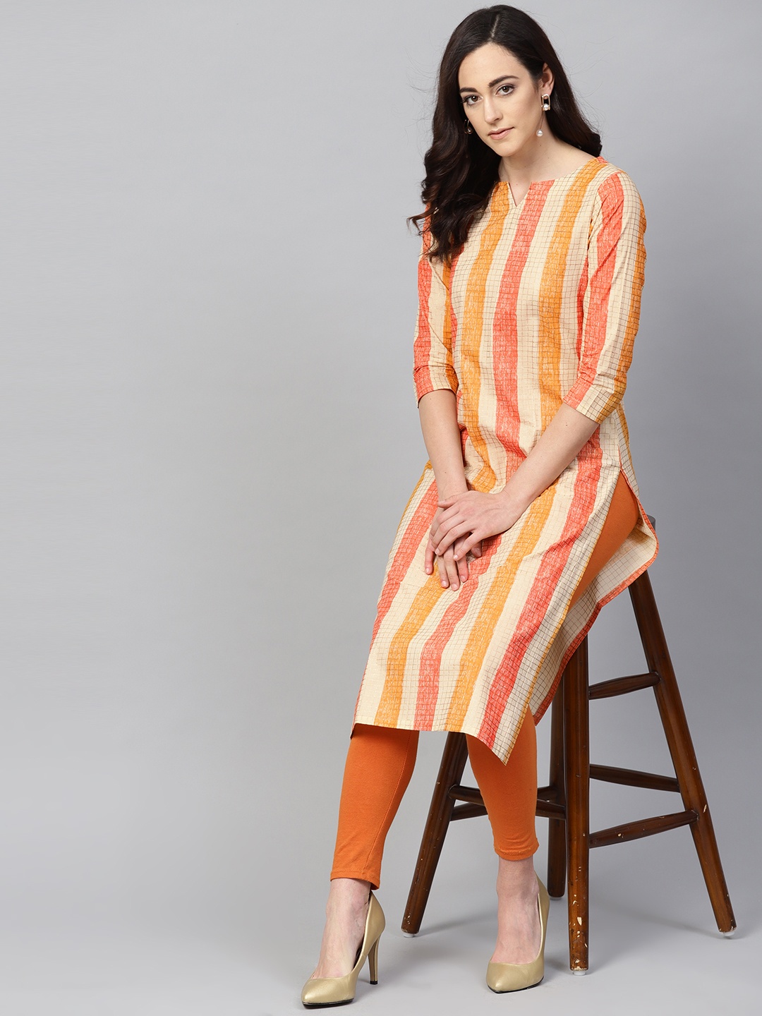 

AHIKA Cream-Coloured & Coral Orange Equal Striped Straight Kurta