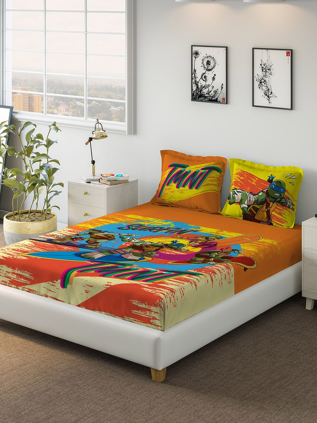 

DDecor Orange Cartoon Characters 180 TC Cotton 1 Queen Bedsheet with 2 Pillow Covers