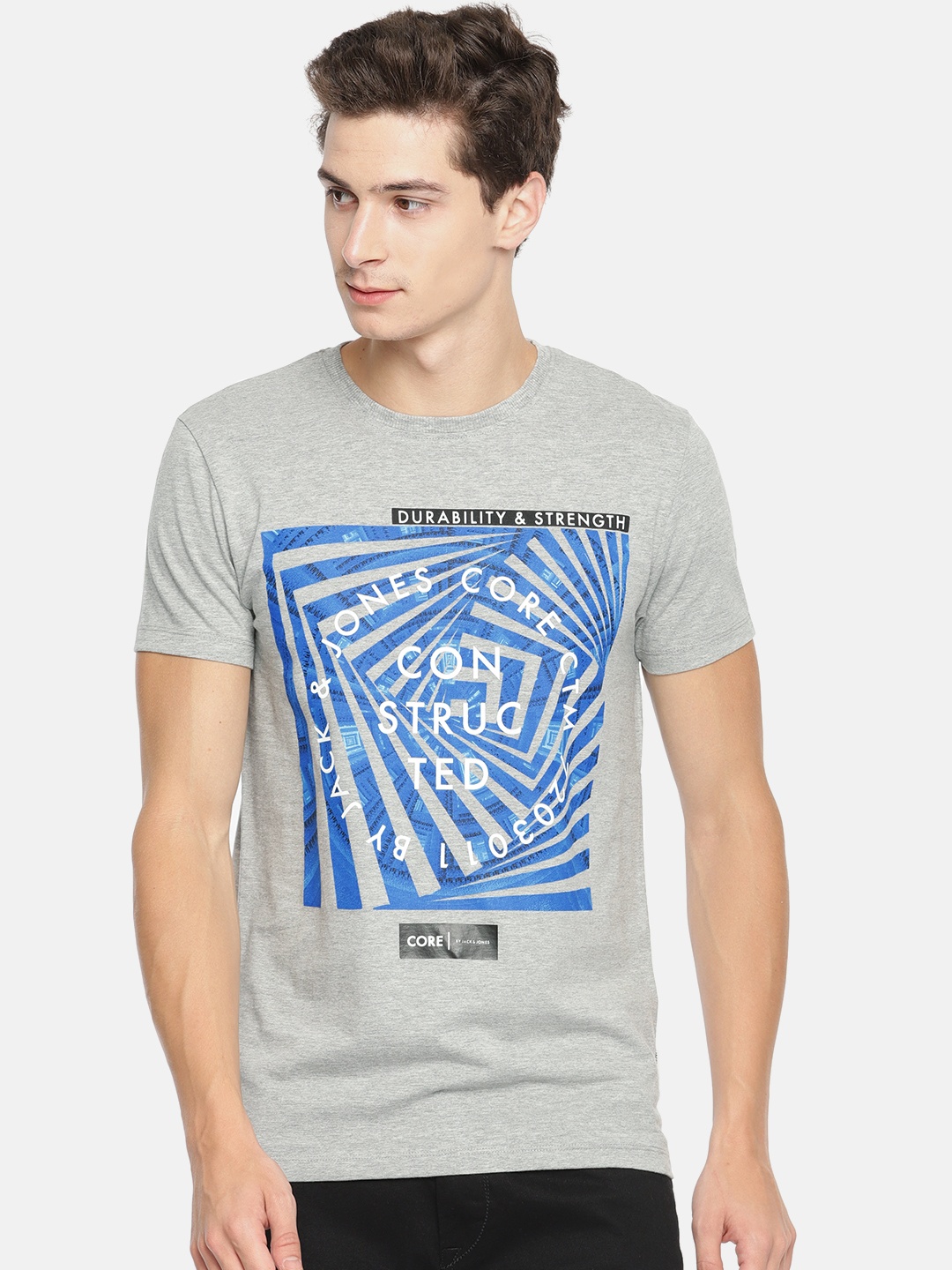 

Jack Jones Men Grey Printed Round Neck Pure Cotton T-shirt