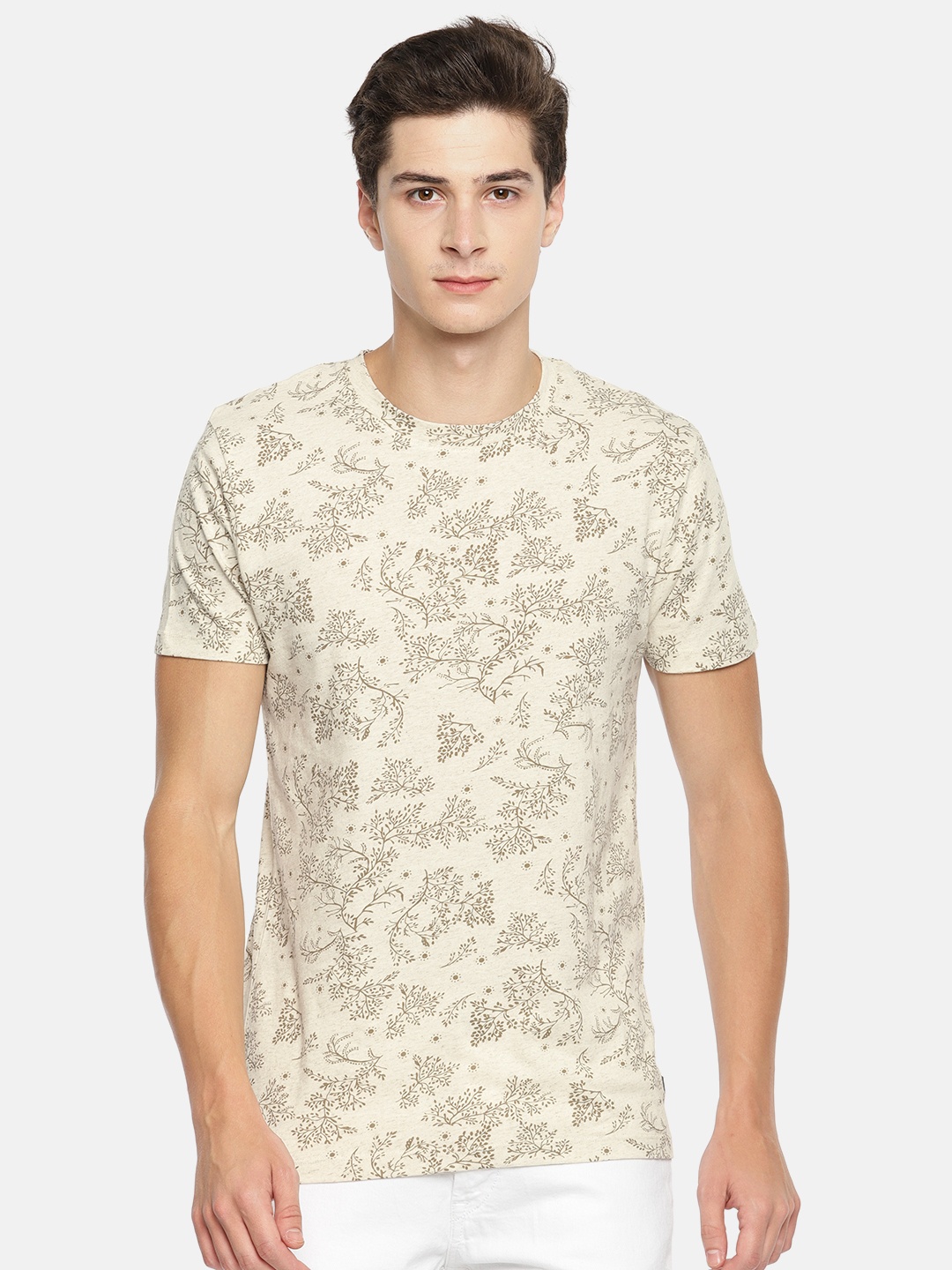 

Jack Jones Men Cream-coloured Printed Round Neck Pure Cotton T-shirt