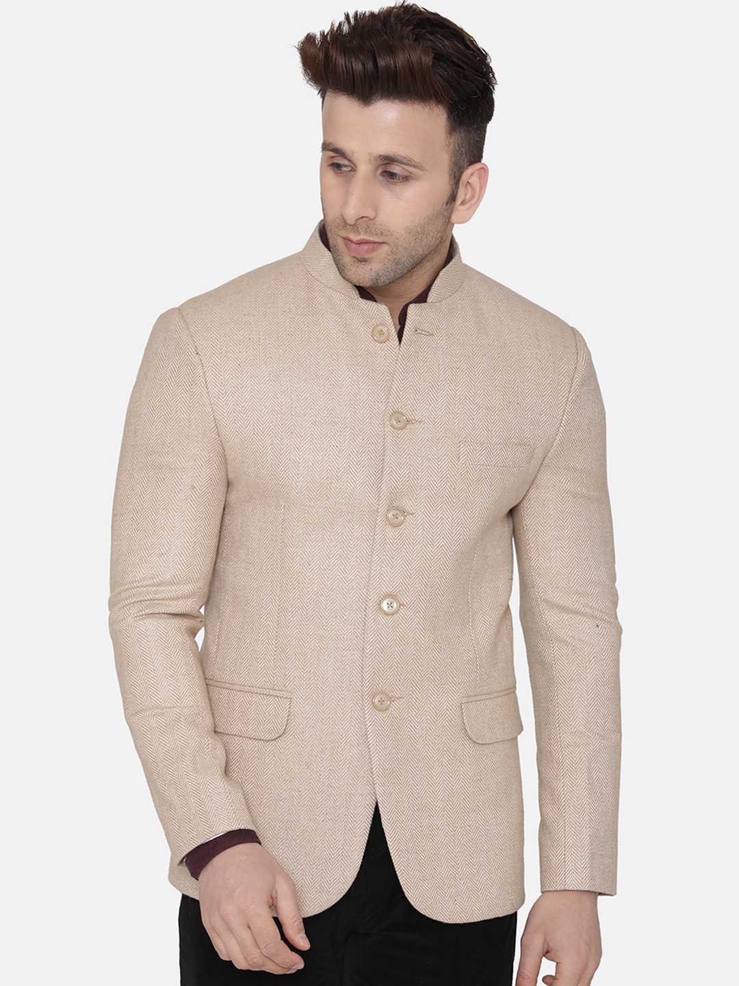 

Wintage Men Beige Self Design Regular-Fit Bandhgala Blazer