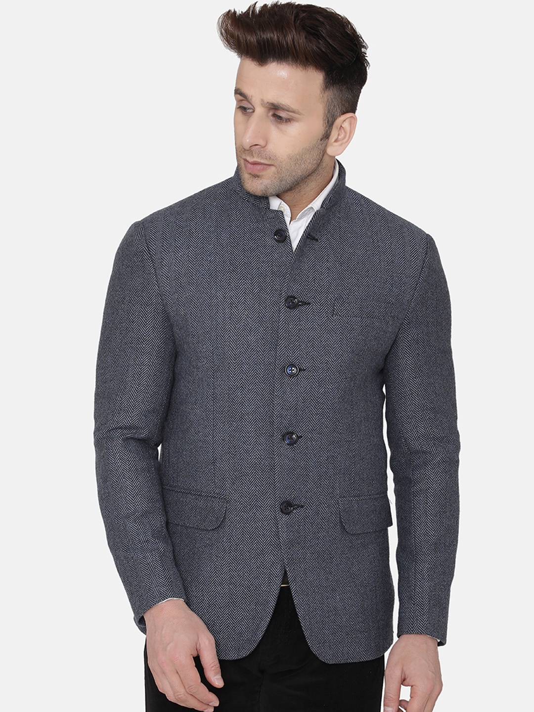 

Wintage Men Blue Self Design Regular-Fit Bandhgala Blazer
