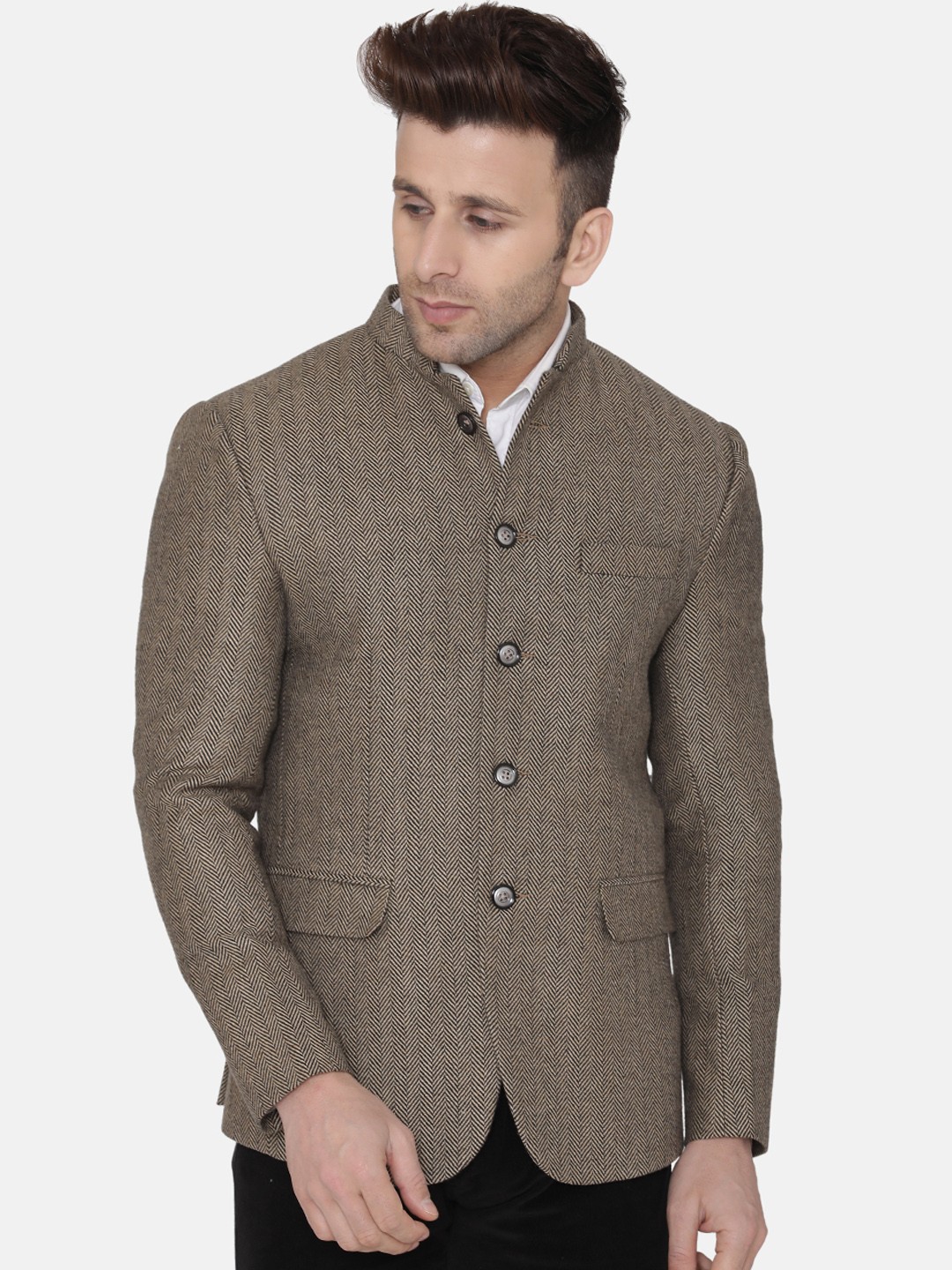 

Wintage Men Brown Self Design Regular-Fit Bandhgala Blazer
