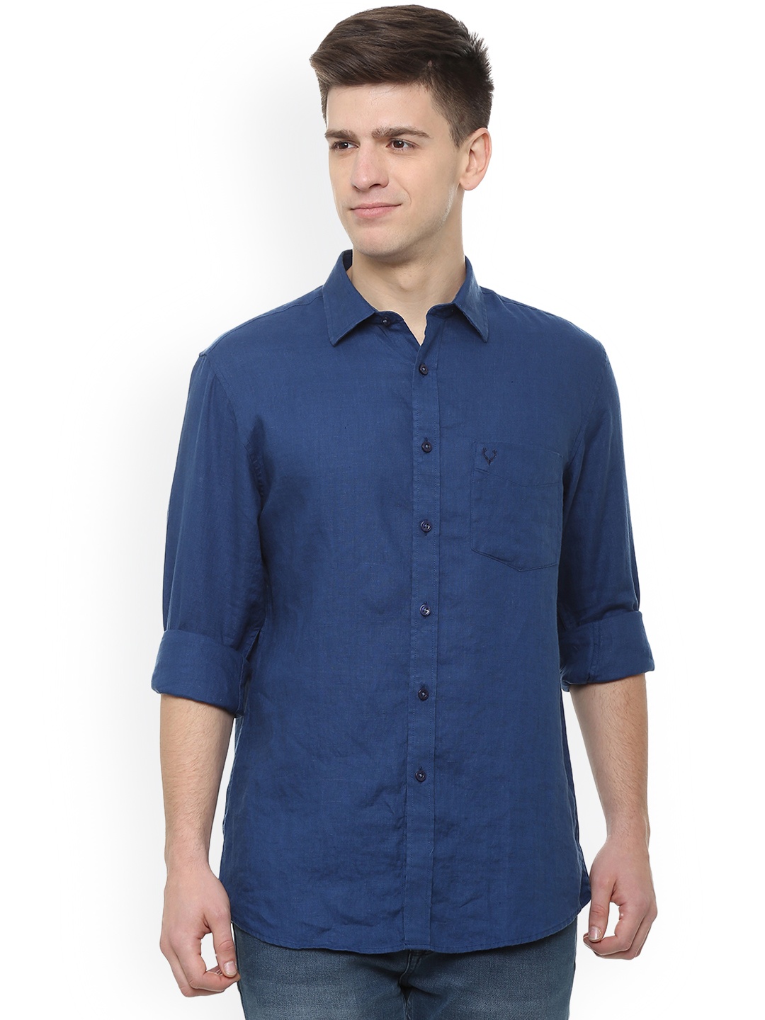 

Allen Solly Men Navy Blue Slim Fit Solid Linen Casual Shirt