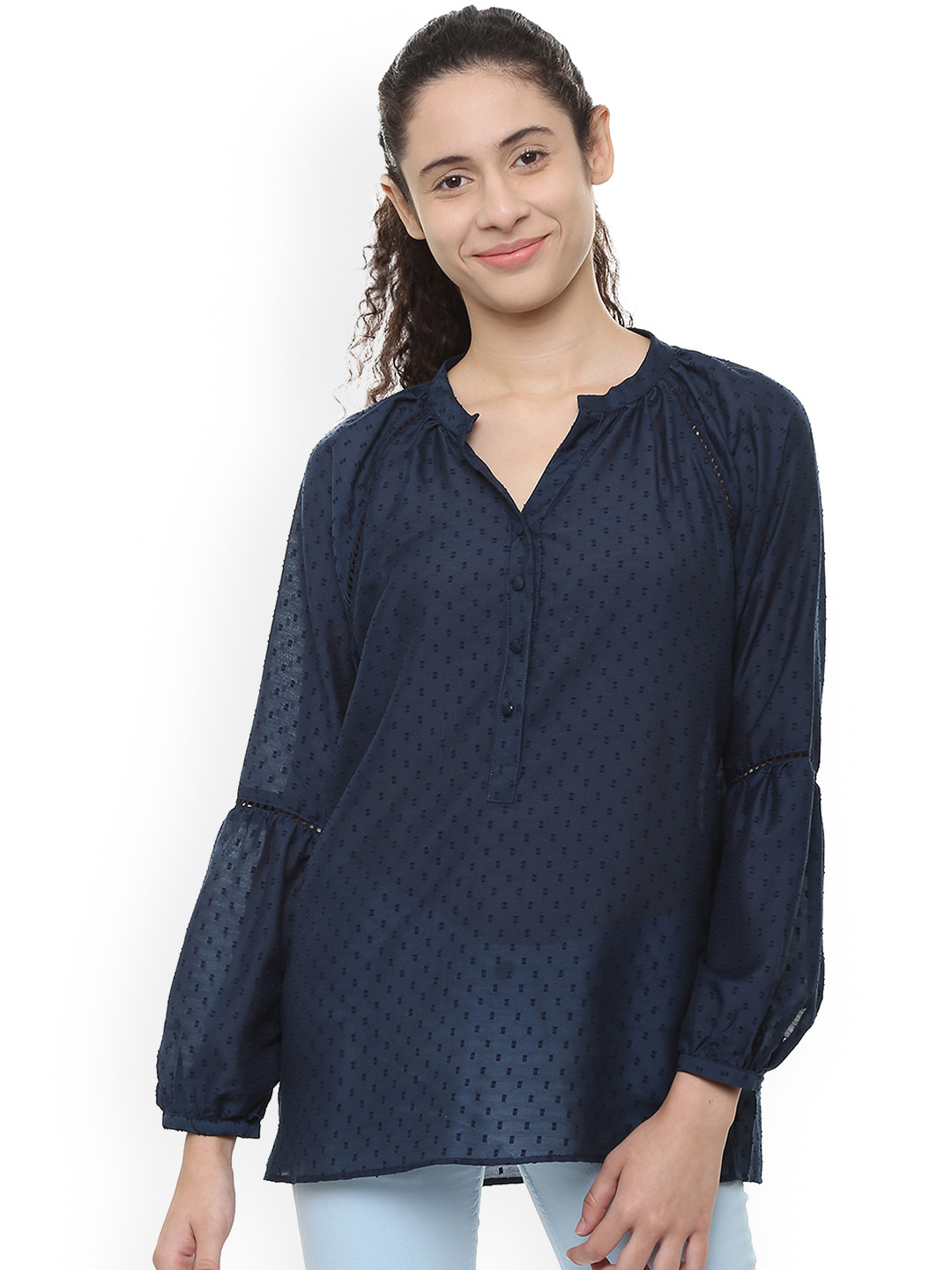 

Van Heusen Women Navy Blue Self Design Shirt Style Top