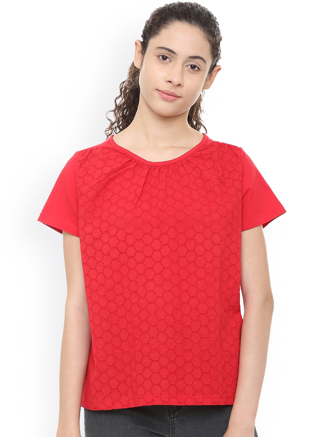 

Van Heusen Woman Women Red Self Design A-Line Pure Cotton Top