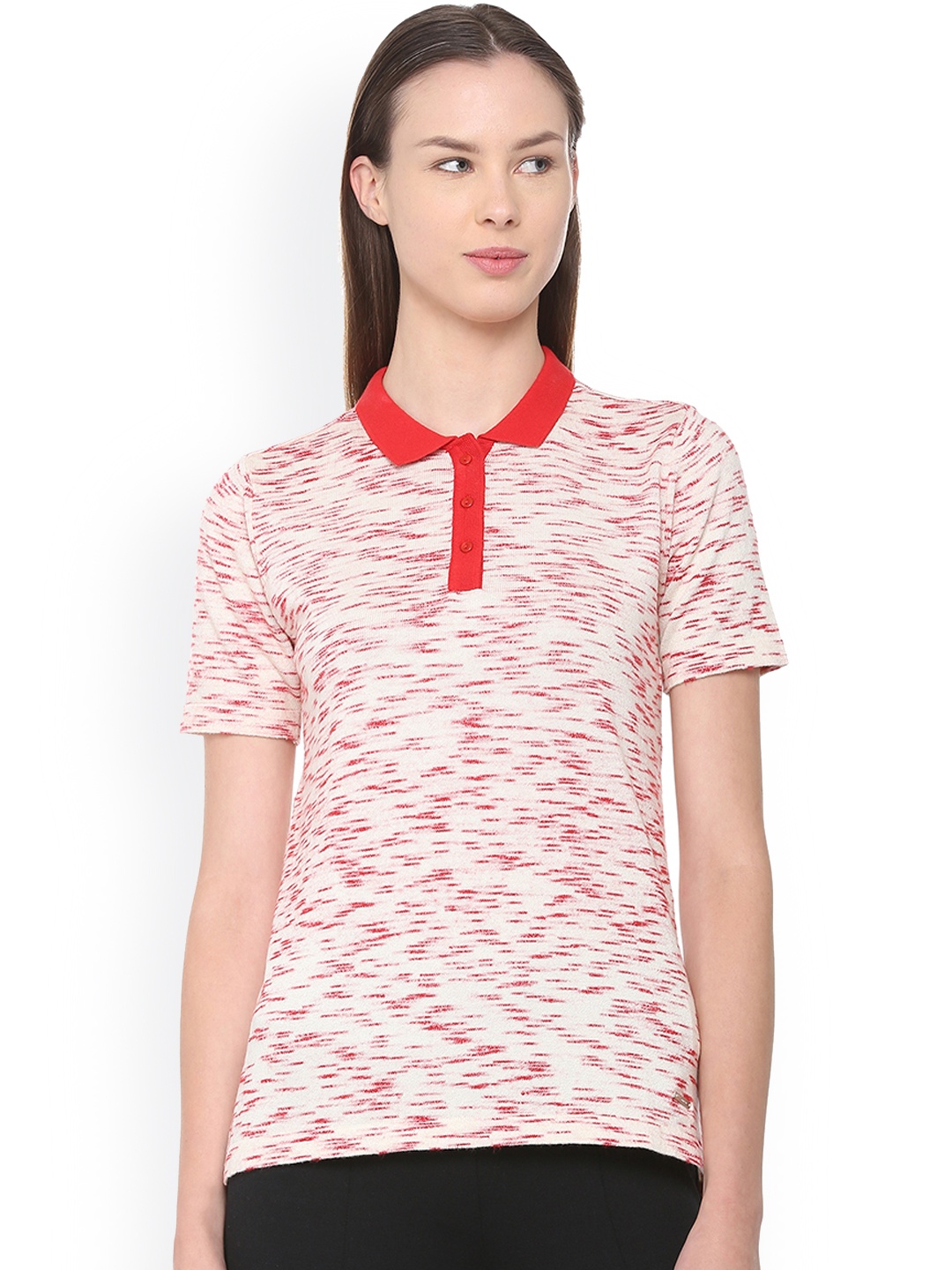 

Van Heusen Woman Pink Self Design Polo Collar Pure Cotton T-shirt