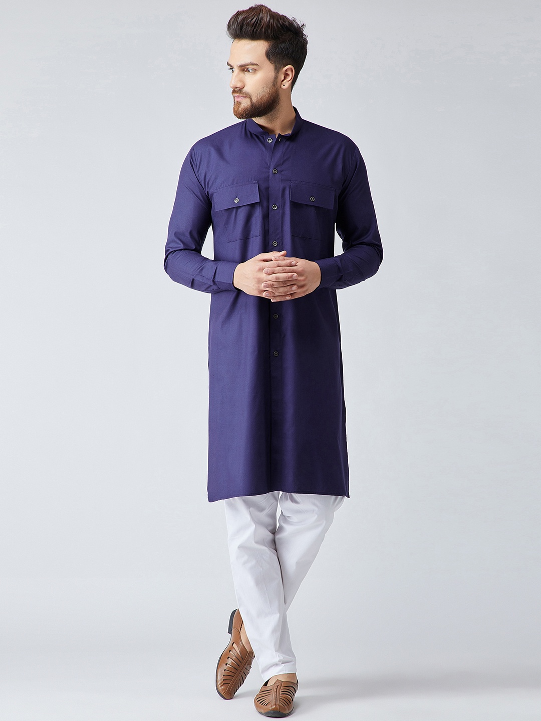

SOJANYA Men Navy Blue & White Solid Kurta with Pyjamas