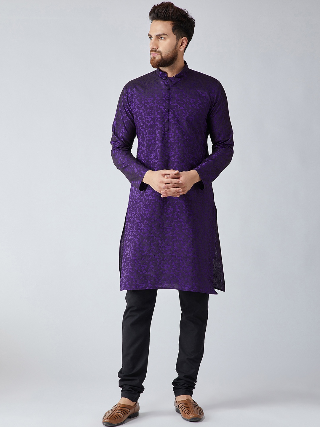 

SOJANYA Men Purple & Black Self Design Kurta with Churidar