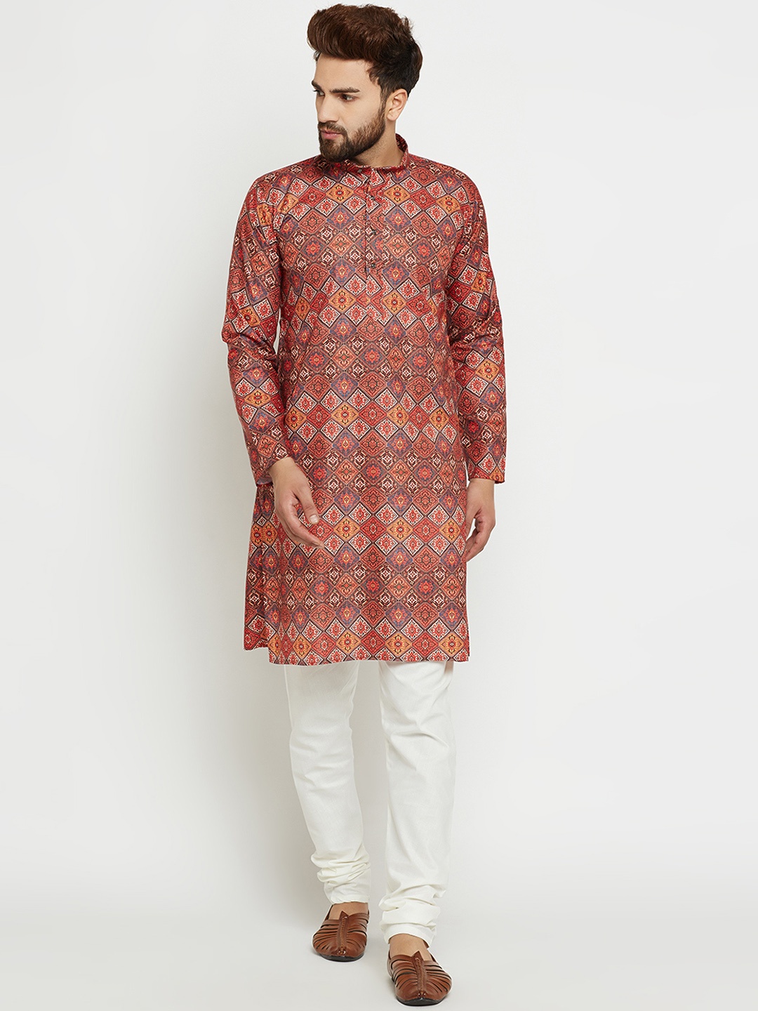 

SOJANYA Men Orange & Off-White Printed Kurta with Churidar