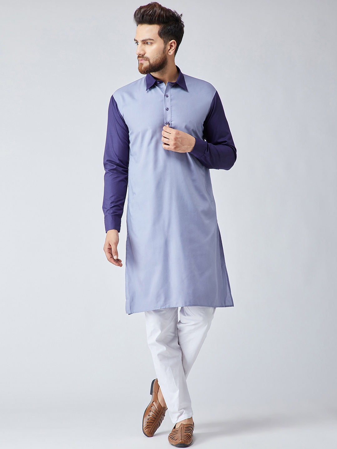 

SOJANYA Men Blue & Navy Blue Colourblocked Kurta with Pyjamas