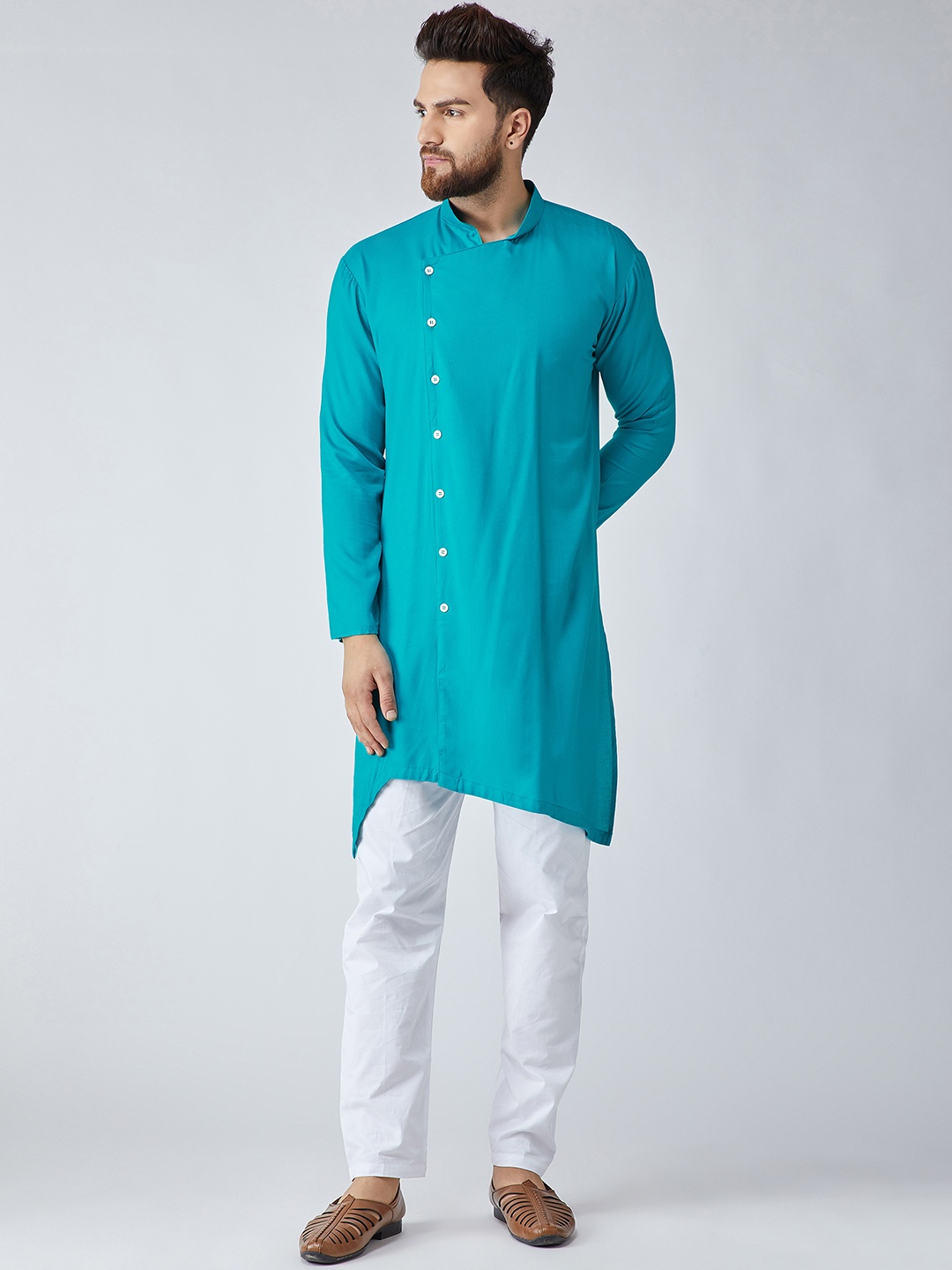 

SOJANYA Men Turquoise Blue & White Solid Kurta with Pyjamas