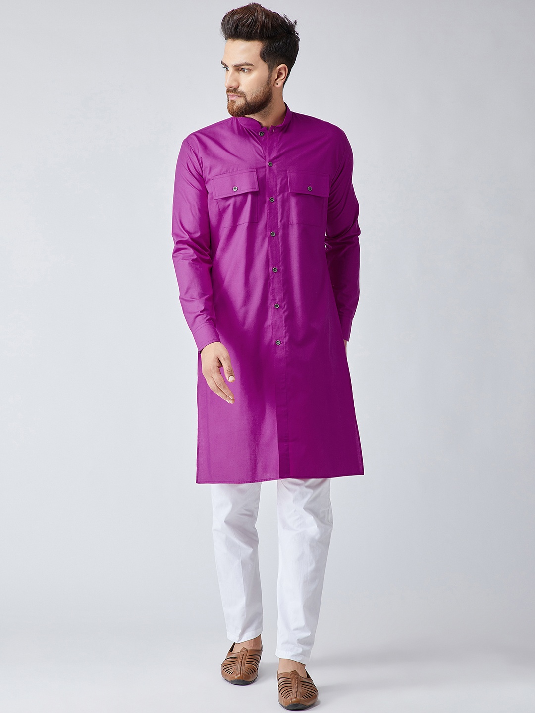 

SOJANYA Men Magenta & White Solid Kurta with Pyjamas
