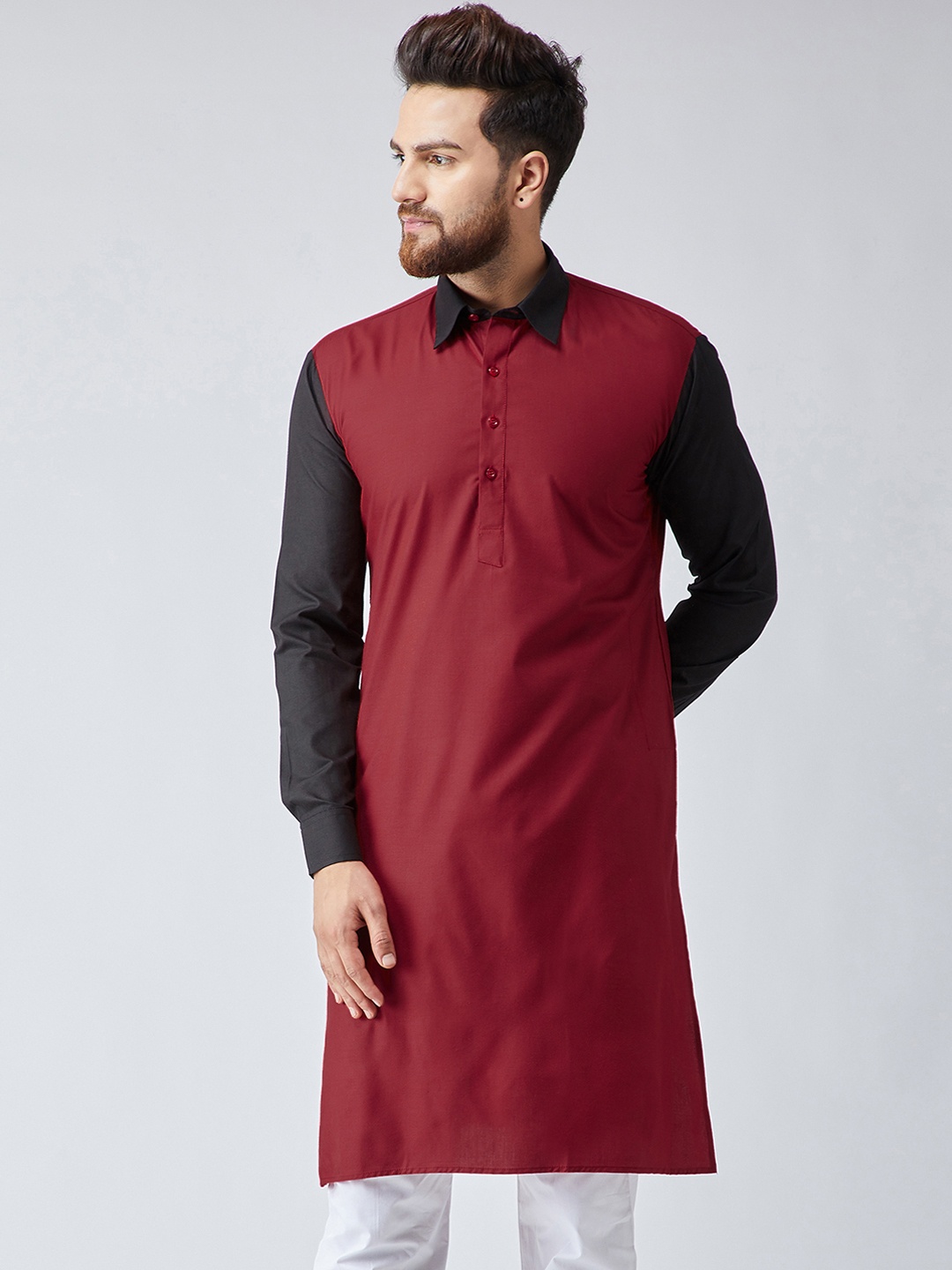 

SOJANYA Men Maroon & Black Colourblocked Straight Kurta