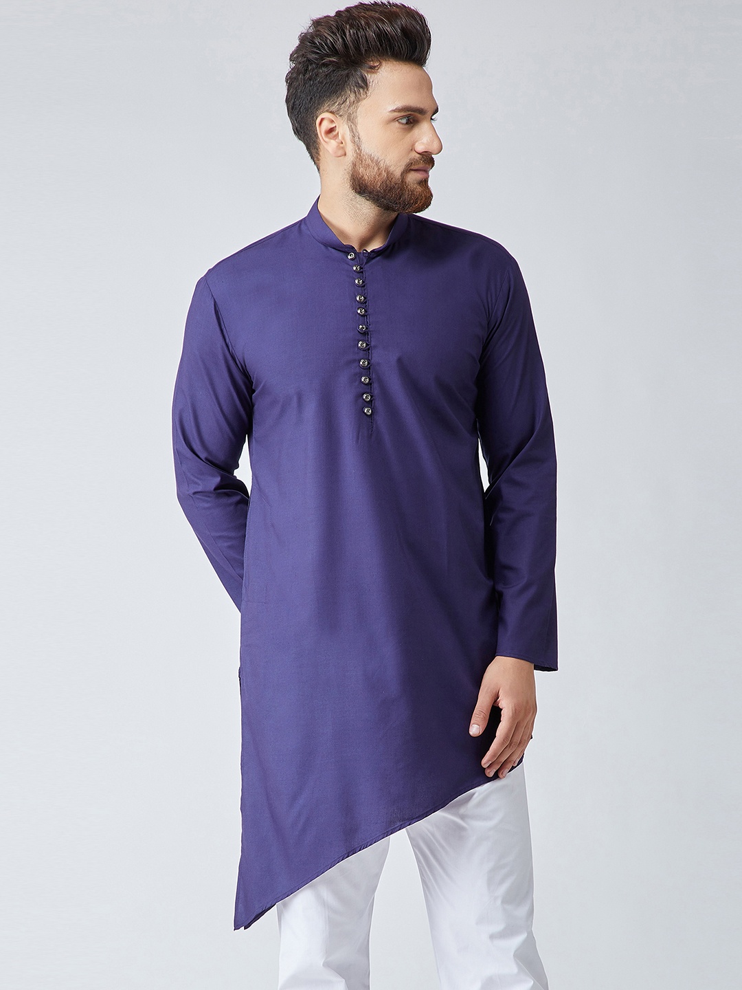 

SOJANYA Men Navy Blue Solid Straight Asymmetric Kurta