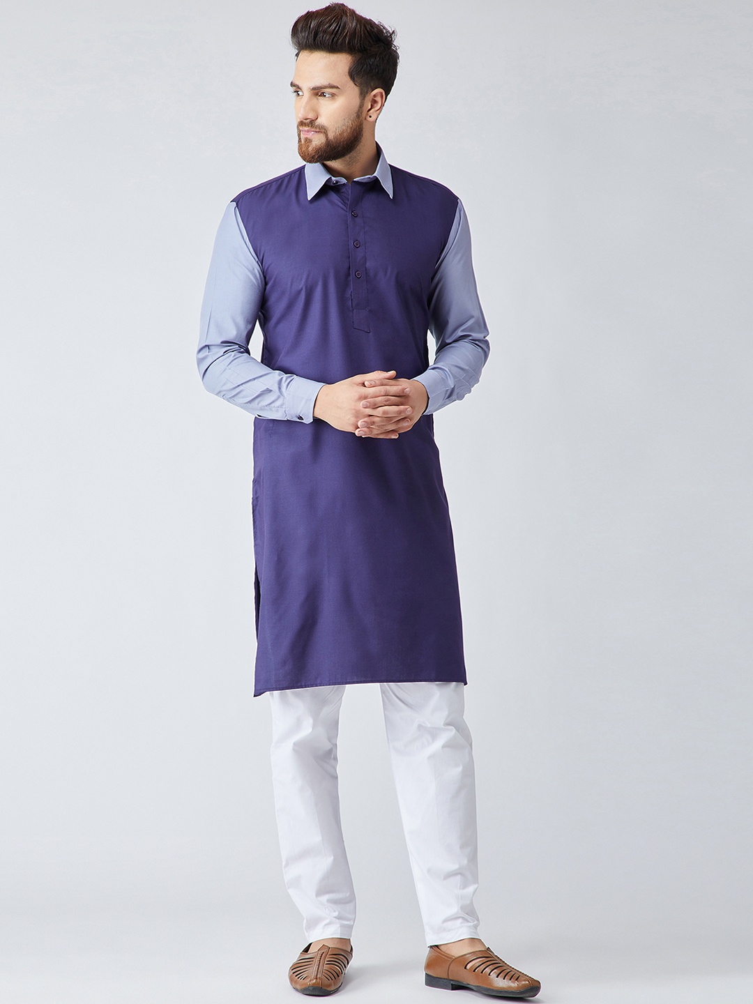 

SOJANYA Men Navy Blue & Grey Colourblocked Kurta with Pyjamas