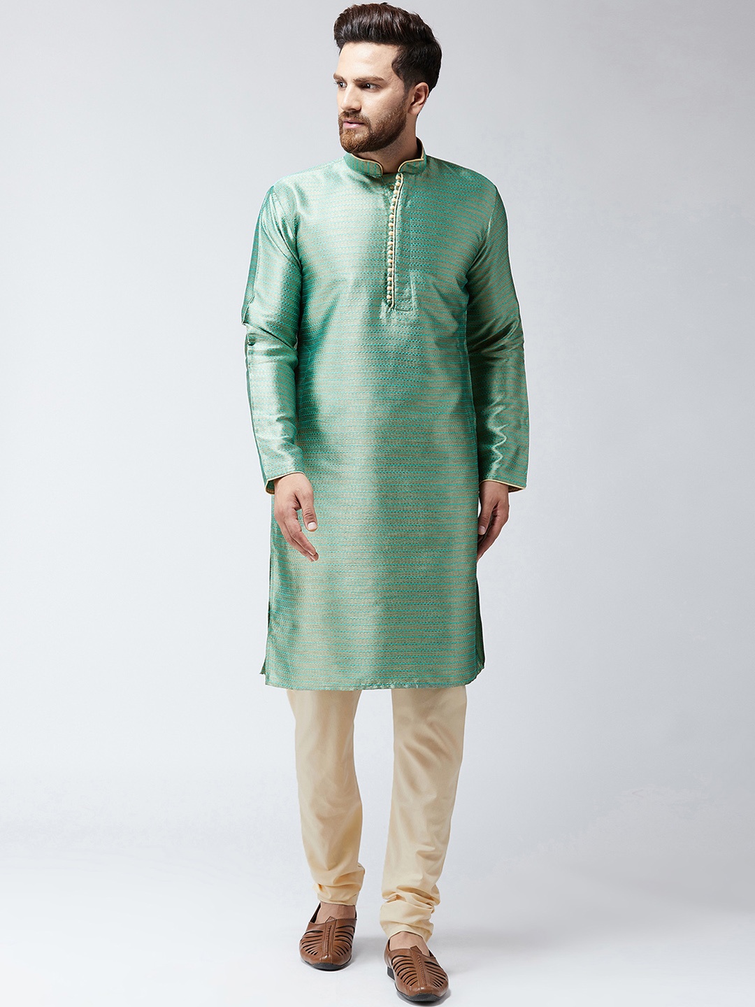 

SOJANYA Men Green & Beige Self Design Kurta with Churidar