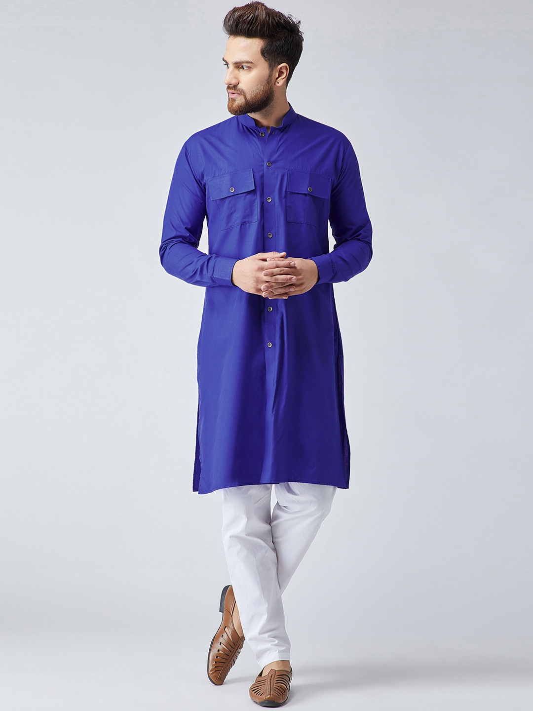 

SOJANYA Men Blue & White Solid Kurta with Pyjamas