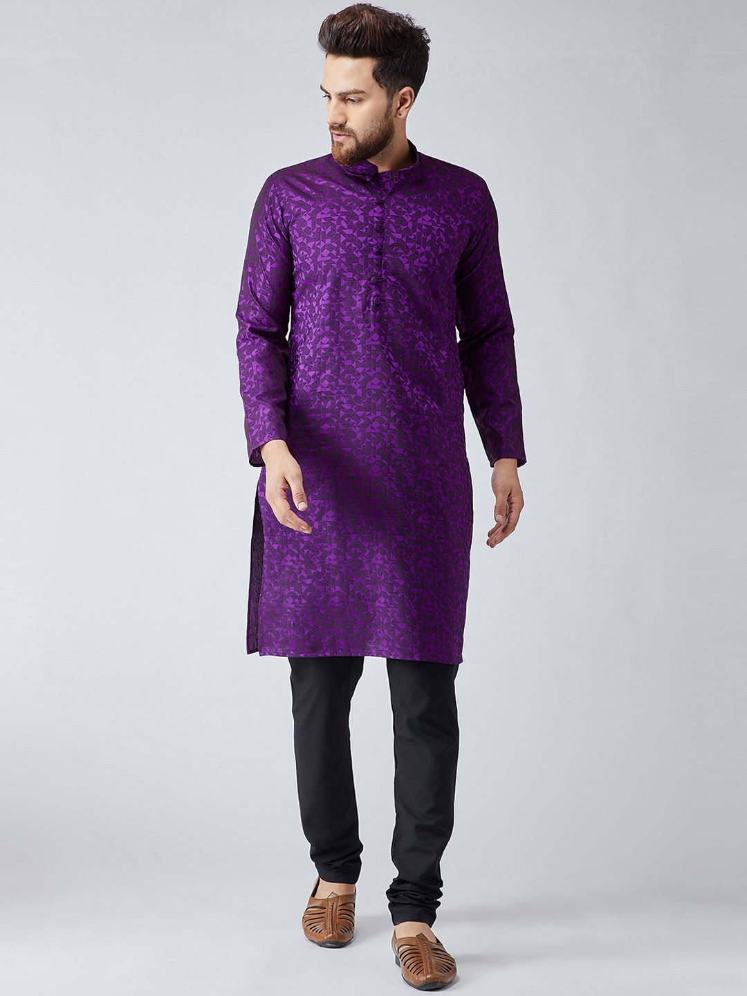 

SOJANYA Men Purple & Black Self Design Kurta with Churidar