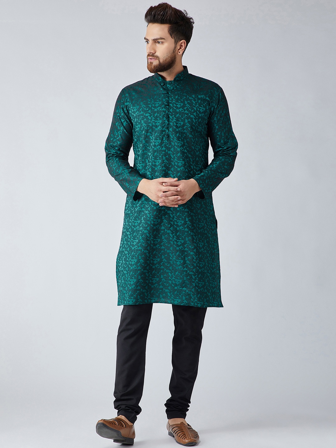 

SOJANYA Men Teal & Black Self Design Kurta with Churidar