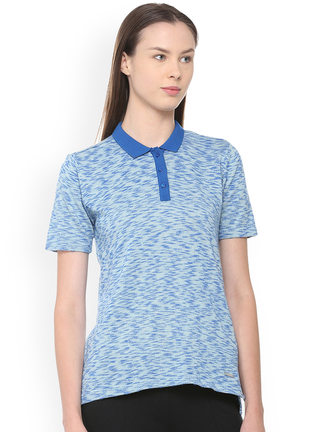 

Van Heusen Woman Blue Self Design Polo Collar Pure Cotton T-shirt