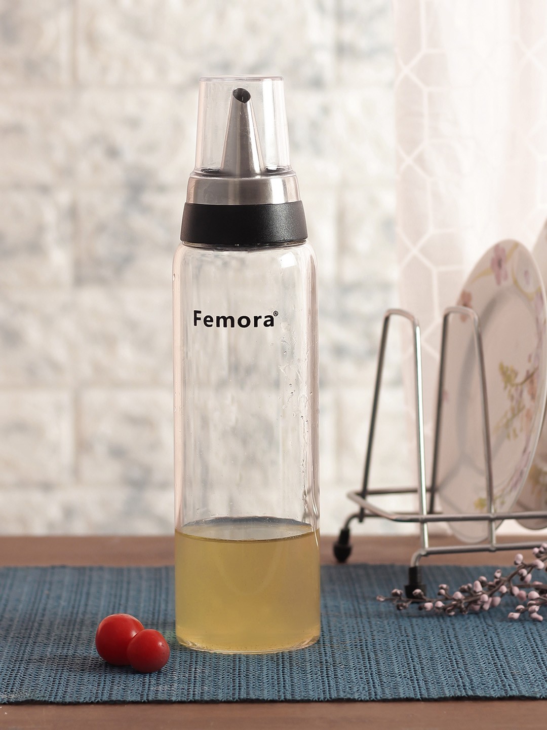

Femora Transparent Borosilicate Glass SS Metallic Lid Oil Bottle Jar Dispenser - 500ml
