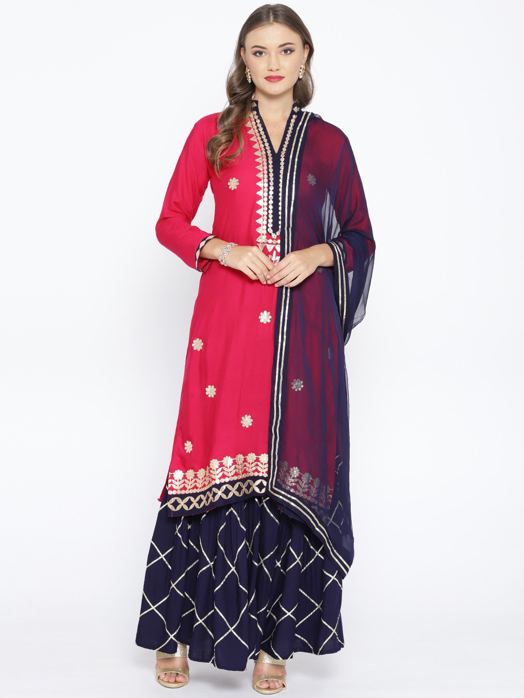 

Chhabra 555 Women Magenta & Navy Blue Gotta Patti Work Kurta with Sharara & Dupatta
