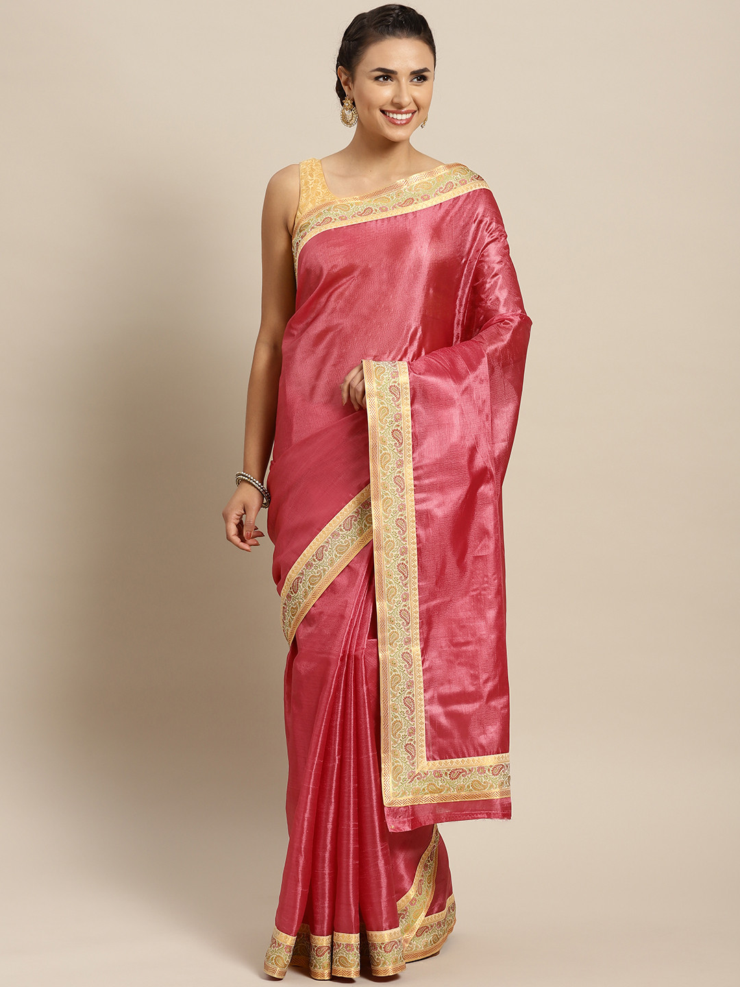 

Chhabra 555 Pink Solid Tussar Saree