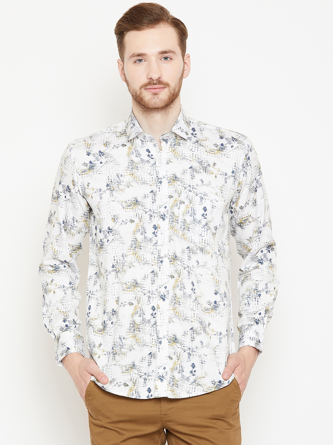 

Shaftesbury London Men White & Navy Blue Smart Slim Fit Printed Casual Shirt