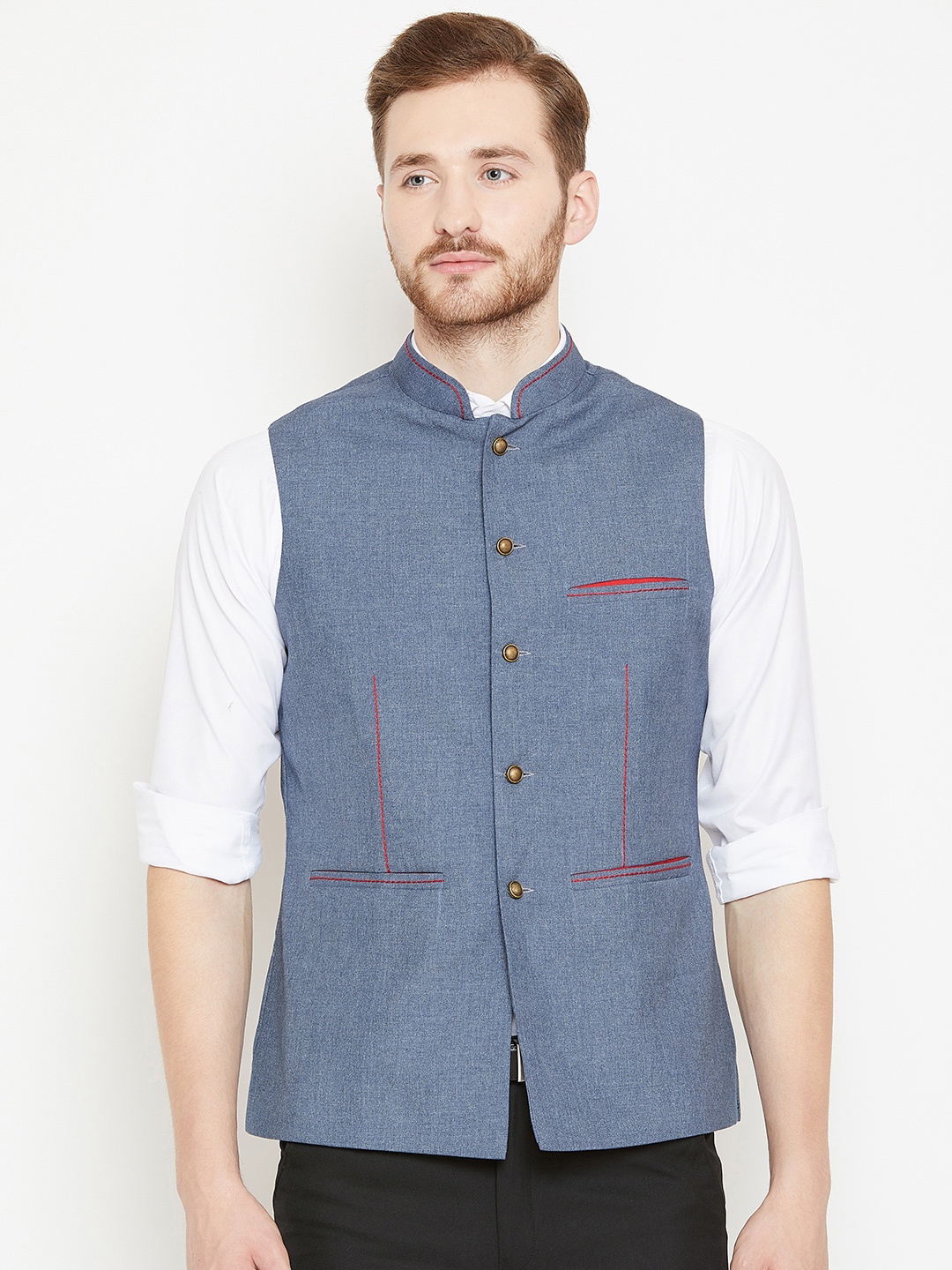 

Shaftesbury London Men Blue Solid Smart Casual Pure Cotton Nehru Jacket