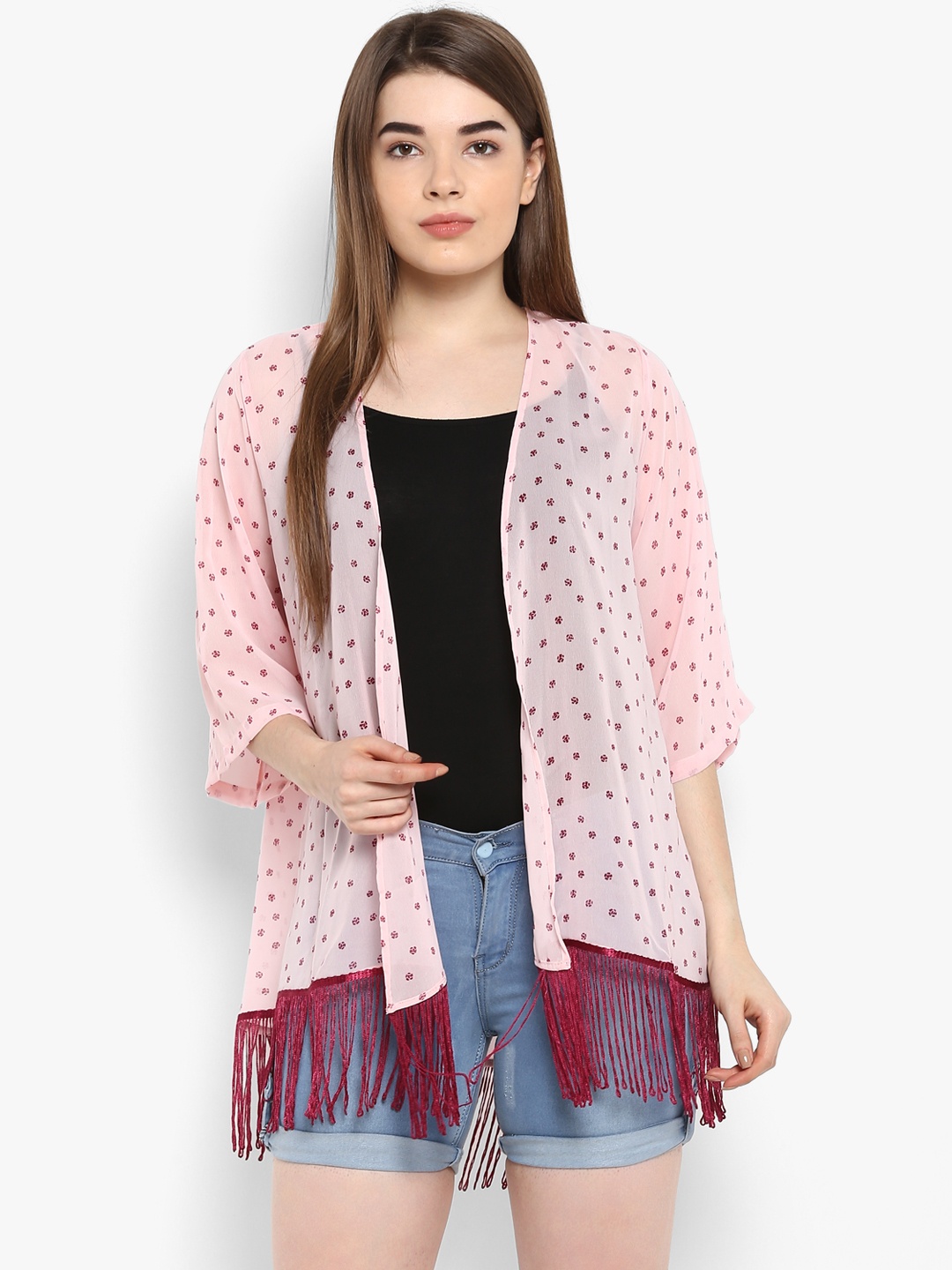 

PURYS Women Pink & Maroon Printed Open Front Shrug