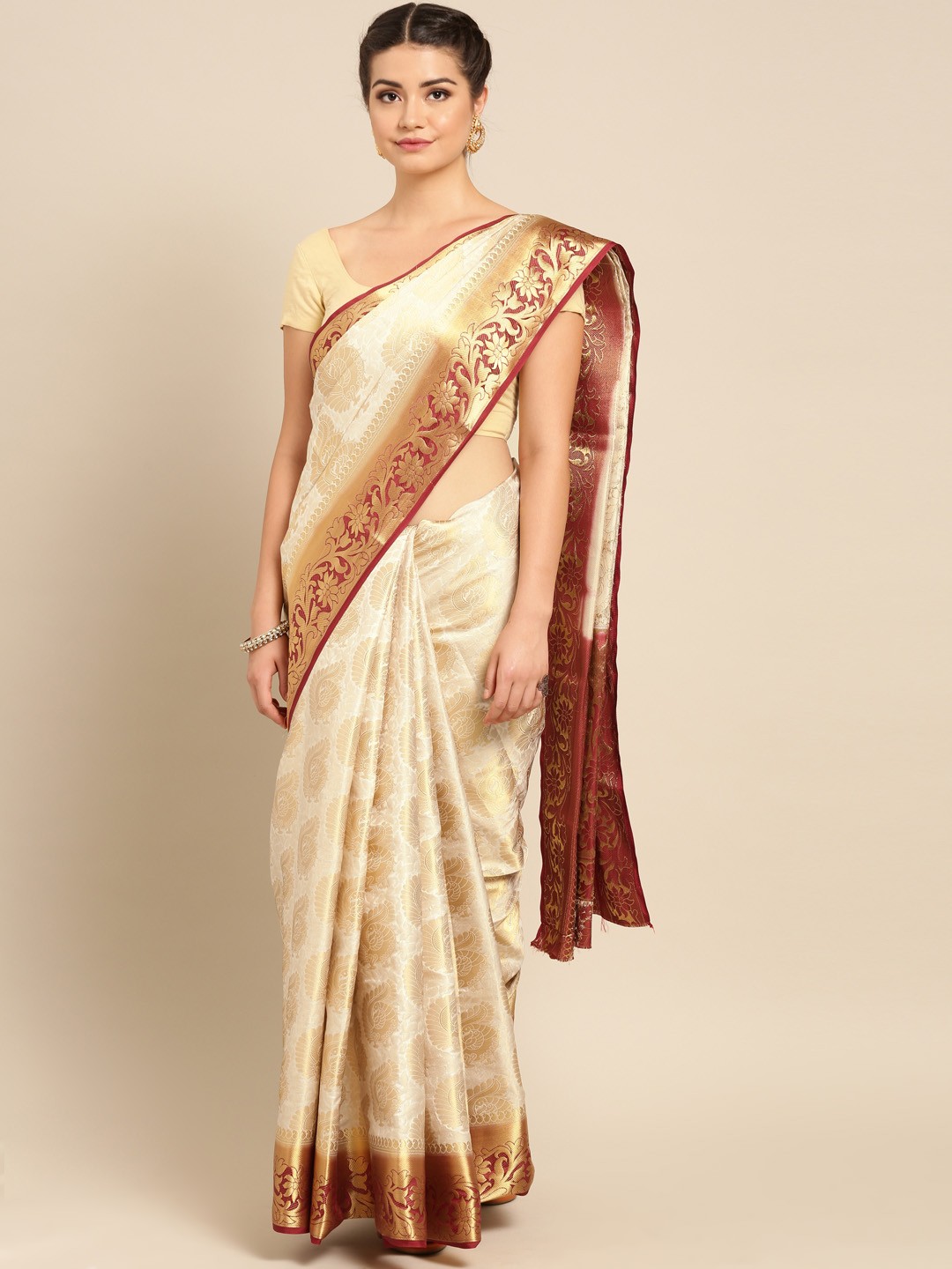 

MIMOSA Beige Art Silk Woven Design Kanjeevaram Saree