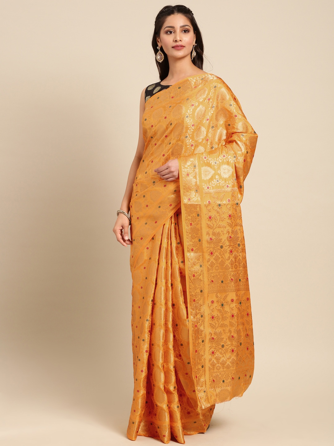 

MIMOSA Orange & Gold-Toned Art Silk Woven Design Kanjeevaram Saree