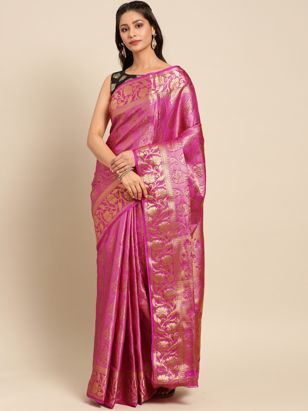 

MIMOSA Pink & Gold-Toned Art Silk Woven Design Kanjeevaram Saree
