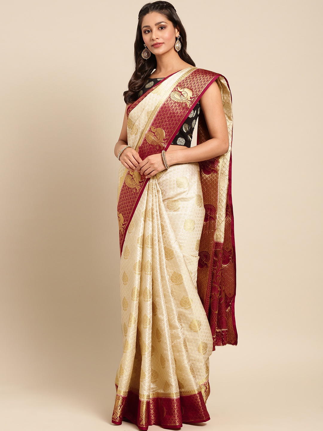 

MIMOSA Beige Art Silk Woven Design Kanjeevaram Saree