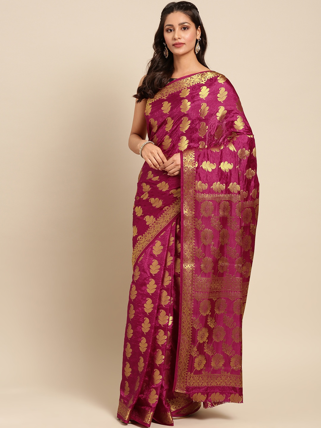 

MIMOSA Burgundy & Gold-Toned Art Silk Woven Design Kanjeevaram Saree