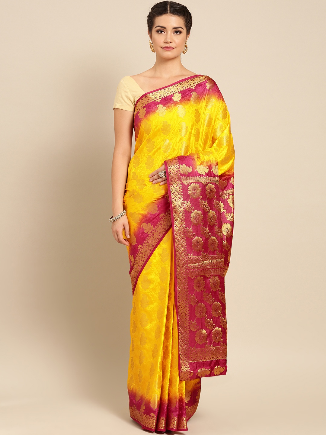 

MIMOSA Yellow & Red Art Silk Woven Design Kanjeevaram Saree