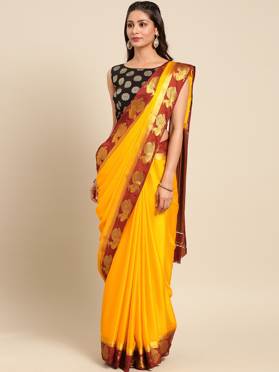 

MIMOSA Mustard Yellow & Maroon Poly Crepe Woven Design Kanjeevaram Saree