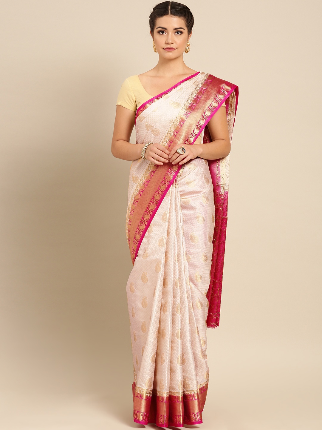 

MIMOSA Off-White Art Silk Woven Design Kanjeevaram Saree