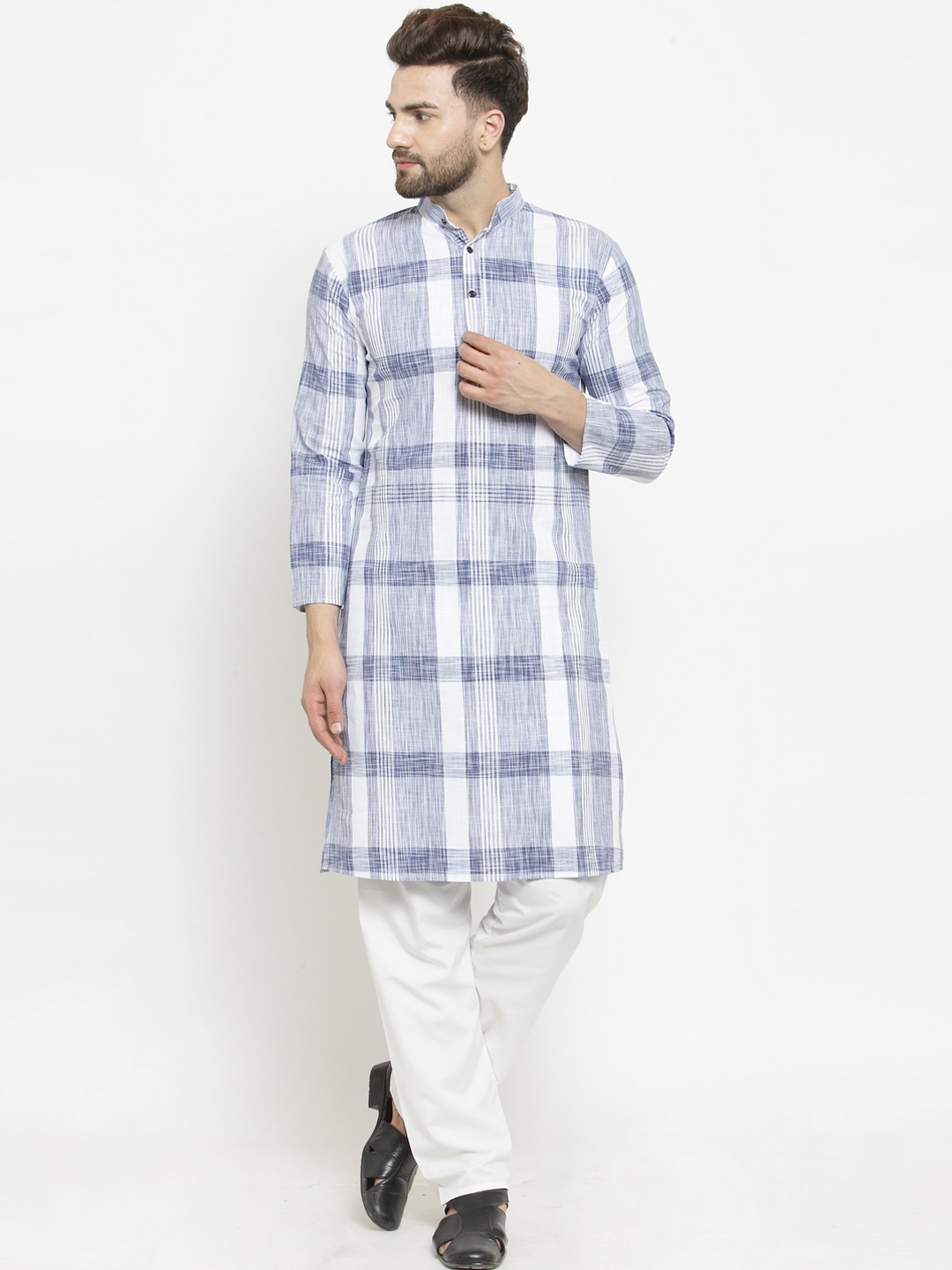 

WESTCLO Men White & Blue Checked Straight Kurta