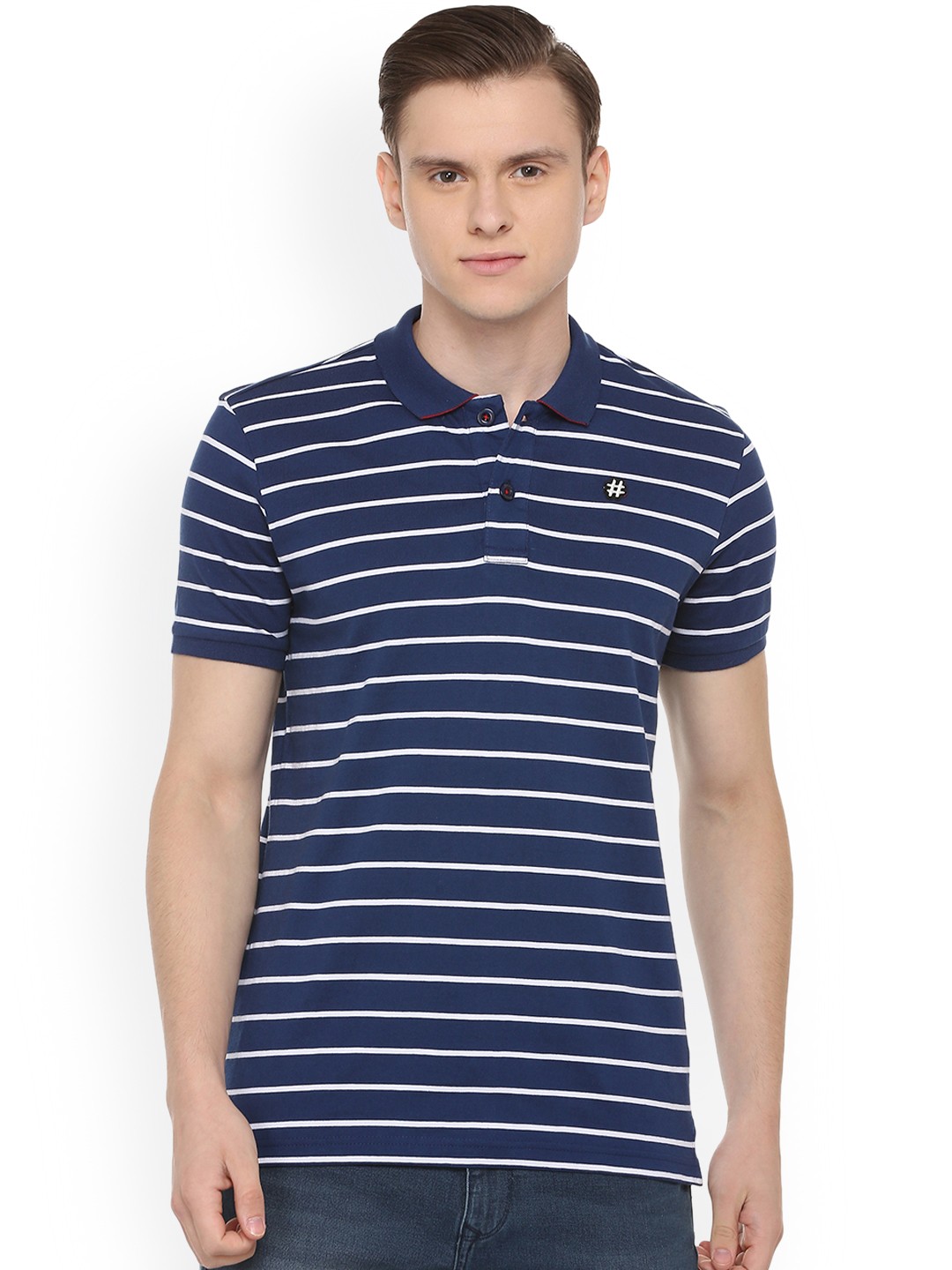 

People Men Navy Blue Striped Polo Collar Pure Cotton T-shirt