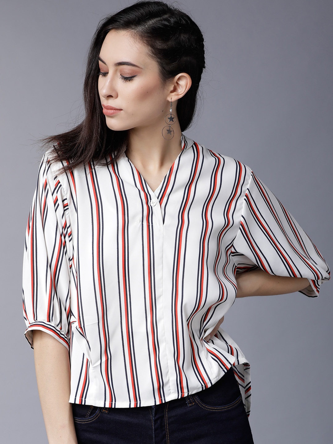 

Tokyo Talkies Women White Striped High-Low Top