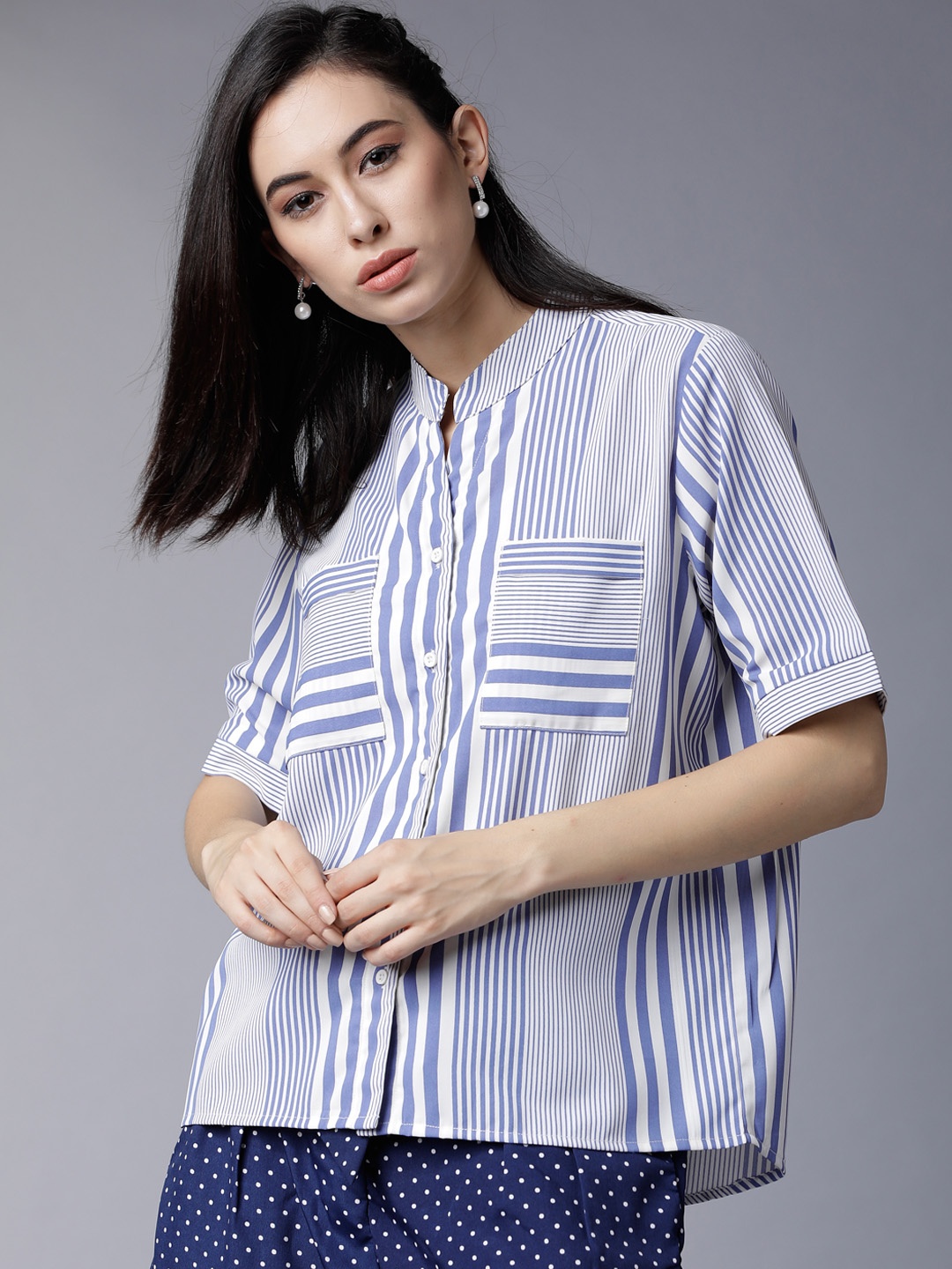 

Tokyo Talkies Women Blue & White Regular Fit Striped Casual Shirt